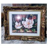 Gesso Wood Frames With Matted Floral Prints Under Glass Qty 2, 21"x25" And 17.5"x21" And Vintage Wal