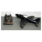 Vintage Plastic Bat Plane, 19" Long, And Batmobile On Display Base