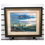 Byron Ward (American) Ducks Going South, Watercolor, Framed Matted Under Glass, 16.75" H x 20.5" W