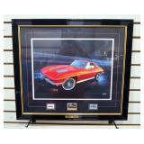 1963 Corvette Sting Ray Print By Thierry Thompson, With Stamps, Framed Matted Under Glass, 22.25" H 