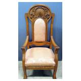 Oak High Back Armchair With Upholstered Back & Bottom And Carved Headrest, 54.25" High