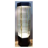 Lighted Hexagonal Display Cabinet With 4 Glass Shelves, No Key But Is Opened, Powers On, 75" High