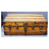 Steamer Trunk With Wood Slat Bumpers, Brass Edge Guards, Missing One Side Handle, 13" High x 36" Wid