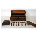 Antique Tool Chest With 1/2 Flip Lid And Assorted Tools, Brushes, And Rollers