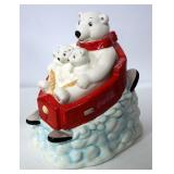 Coca Cola Polar Bear Downhill 9.5" Cookie Jar And Bubble Blowing Polar Bear Ornament, Both In Boxes