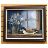 Karen Keefover Original Painting On Canvas Of Duck And Flowers In Pitcher, Framed, 20" High x 24" Wi