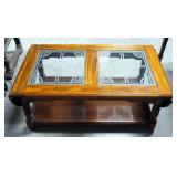 Drop Leaf Coffee Table With Etched Glass Inserts, 16" x 38" x 22", 52" Wide With Leafs