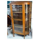 Antique Curved Glass Curio Cabinet With Wood Shelves, 60.25" x 32.5" x 13"