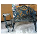 Cast Iron Garden Bench, With Floral Motifs, 35.5" x 37" x 16", And Matching Plant Stand, 27" Tall