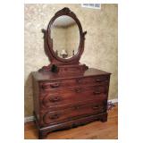 Antique Solid Wood 4 Drawer Dresser With Carved Tilt Mirror, 77" x 48" x 21"