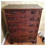 Antique Solid Wood 5 Drawer Chest Of Drawers With Carved Handles And Accents, 50" x 37" x 21"