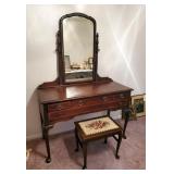 Antique 4 Drawer Dressing Table, With Cabriole Legs, Tilt Mirror, And Matching Vanity Stool, 69" x 4