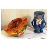 Roseville Pottery 7.5" White Magnolia And Deep Aqua Blue Vase, And Hanging Roseville Water Lily Plan