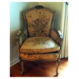 Antique Carved Wood Accent Chair, With Upholstered Seat, Back And Armrest 39" x 28" x 20"