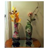 Hand Painted Porcelain Vase On Carved Wood Stand, 14" Tall, And Porcelain Pitcher Vase On Carved Woo
