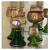 Bohemian Green Glass Goblet With Ribbed Stem, Qty 4