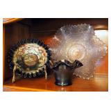 Cobalt Blue Carnival Glass Leaf And Berry Hat Bowl, Carnival Glass Acorn And Leaf Ruffled Edge Bowl,