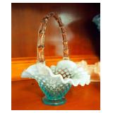 Aquamarine Opalescent Hobnail Vase, 8" Tall, Art Glass Hobnail Basket, Ruffled Edge Dishes, Toothpic