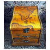 Jewelry Box With Cartography Design, Interior Mirror, And Two Drawers, Antique Music Box and Painted