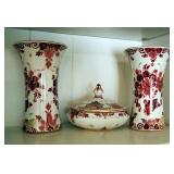 Regina Delfts Rood Dutch Porcelain 7" Vases Qty 2, And Lidded Vanity Jar