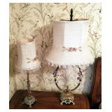 Vintage Metal Lamps With Ceramic Detail, And Cloth Shades, Qty 2, 21.5" And 30"