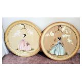 Vintage Hand Painted On Board Ladys In Garden, Signed By Artist, 16" Diameter, Qty 2