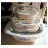 Vintage Pyrex Corn Flower Blue Corningware, Glass Mixing Bowls, Casserole Dishes And More
