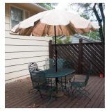 Metal Patio Table, 29" x 60" x 38", With Matching Spring Chairs, Qty 4, And Umbrella