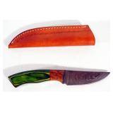 Custom Damascus Steel Fixed Blade Knife, 3.75" Blade, In Embossed Leather Sheath