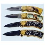 Wildlife Collection Folding Knives, Qty 4, Images Include Bears And Wolves, In 3 Collector Tins