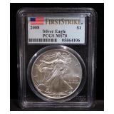 2008 1 oz Fine Silver American Eagle $1 Coins, Qty 2, Certified By PCGS, Graded MS70