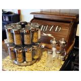 Roll Top Bread Box, Salt And Pepper Grinders, Shakers, And Turn Style Spice Rack