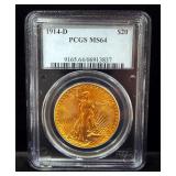 1914 D St. Gaudens Double Eagle $20 Gold Coin, Certified By PCGS, Graded MS 64