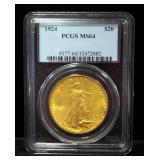 1924 St. Gaudens Double Eagle $20 Gold Coin, Certified By PCGS, Graded MS 64