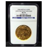 2008 Buffalo $50 Gold Coin, .9999 Fine Early Release, Certified By NGC, Graded MS 70