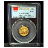 2010 1/10 oz AU .999 Gold China Panda 50 Yn Coin, Certified By PCGS, Graded MS 69