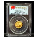 2010 1/10 oz AU .999 Gold China Panda 50 Yn Coin, Certified By PCGS, Graded MS 69