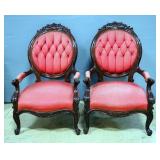 Button Tufted Arm Chairs, Qty 2, Both With Carved Wood Headrests, Each 39.5" High