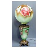 Floral Glass And Brass Table Lamp With Hurricane Shade And Globe, 27" High, Powers On