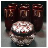 Ruby Red Glass Set (6) And Cut Glass Bowl With Lid