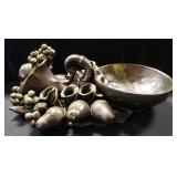 Metal Bowl With Cornucopia And Candle Holders