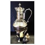 Silverplate And Glass Carafe With Tea Light Warmer, And Metal S&P Shakers