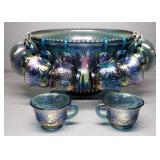 Harvest Grape Carnival Glass Punch Bowl With 10 Cups