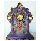 Ceramic Table Clock With Pink Rose And Gold Trim Design, 11.75" High