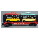 Lionel #6414 Auto Loader With Cars, #9133 Burlington Northern Flat Car With Semis, And #6656 Box Car