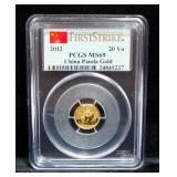 2012 China Panda 20 Yn Gold Coin, 1/20 oz .999 Gold, Certified By PCGS, Graded MS69