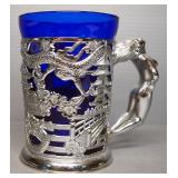 Mug With Pheasant Image And Dragon And Pagoda Dimensional Relief Mug With Cobalt Blue Insert