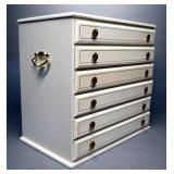 Jewelry Box With 6 Drawers, Each Drawer Is Fabric Lined, Some Compartmented