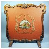 Vintage Carved Walnut Fireplace Screen With Needlepoint Design