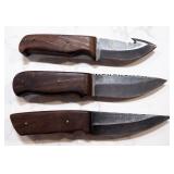Straight Back And Gut Hook Damascus Steel Fixed Blade Knives, Qty 3
